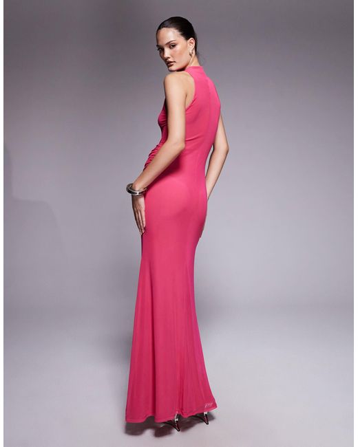 ASOS Pink Mesh Plunge Neckline Maxi Dress With Wrap Sash Detail