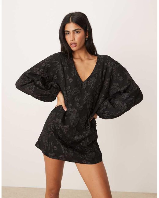 Gina Tricot Natural Long Sleeve V Neck Rose 3d Brocade Mini Dress