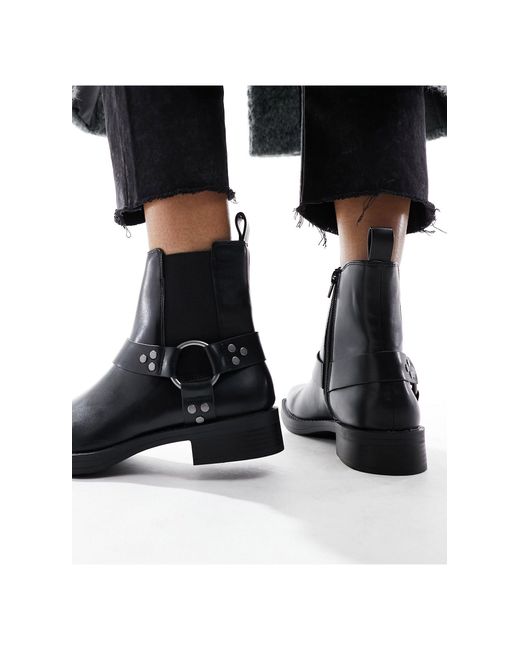 Pull&Bear Black Square Toe Buckle Detail Flat Boots