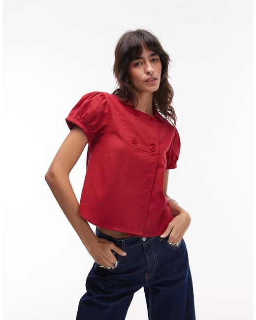 Collusion Red Twill Cap Sleeve Fitted Shirt