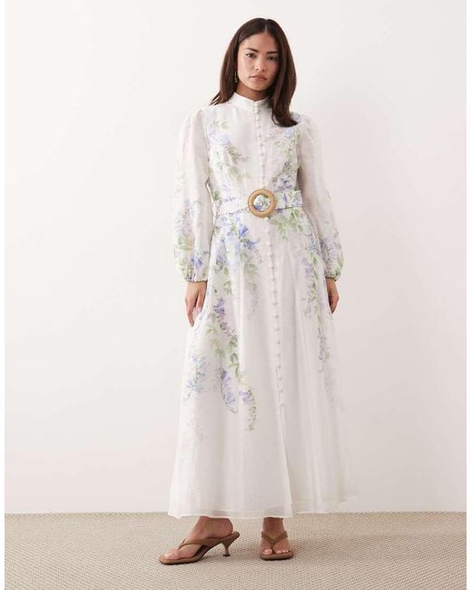 Forever New White Balloon Sleeve Button Through Belt Detail Midi Dress