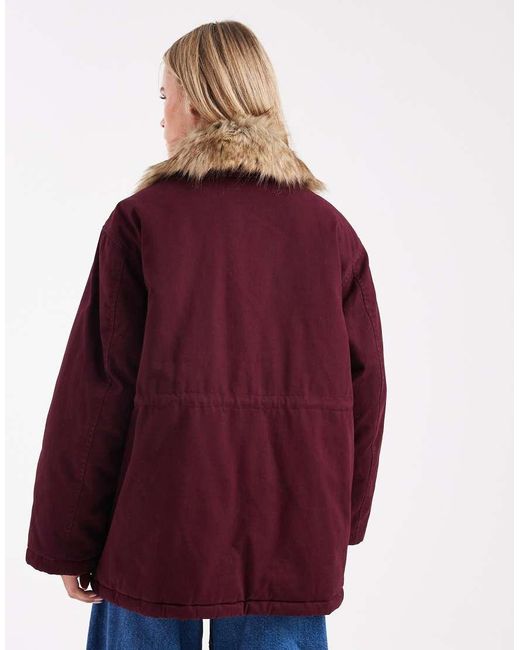 Miss Selfridge Red Faux Fur Collar Parka