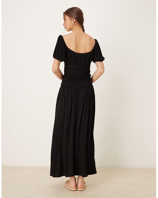 ASOS Black Crinkle Shirred Waist Milkmaid Puff Sleeve Midi Tea Dress