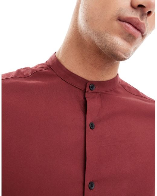 ASOS Red Skinny Fit Grandad Collar Shirt With Roll Sleeves for men