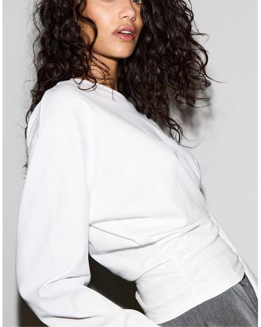 Stradivarius White Long Sleeve Gathered T-Shirt