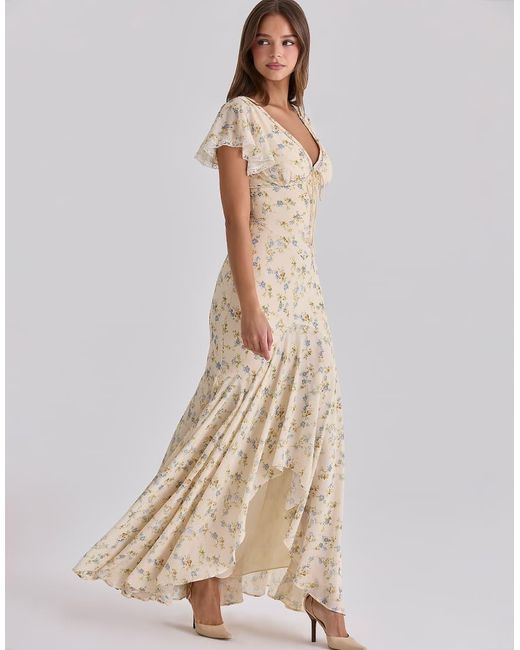 House Of Cb Natural Amina Lemon Floral Print Georgette Maxi Tea Dress