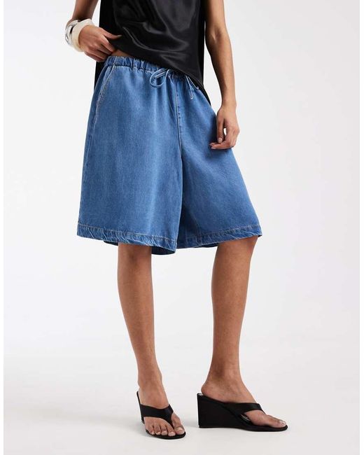 Object Blue Drapey Chambray Tie Waist Longline Shorts