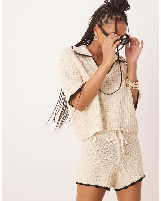 ASOS Natural Knitted Polo Shirt With Tipping Detail Co-Ord