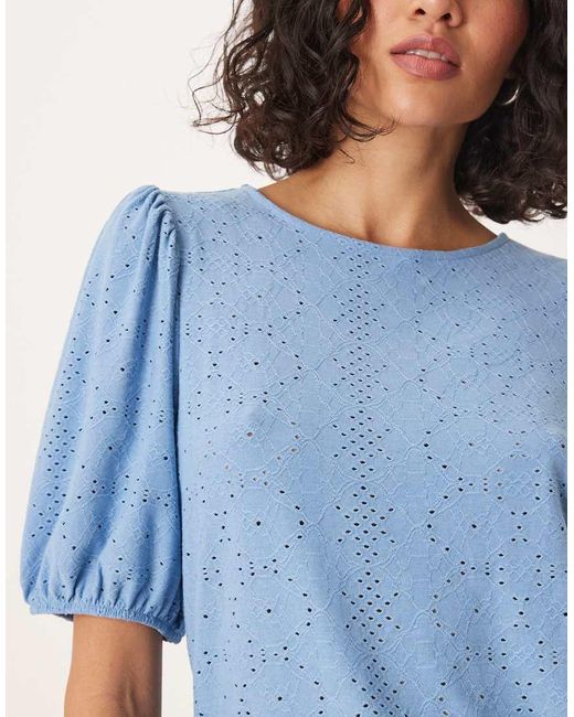 Vila Blue Broderie T-shirt With Puff Sleeve Detail