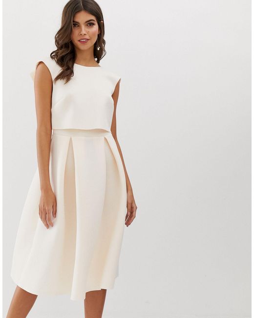asos design crop top midi prom dress with twist detail