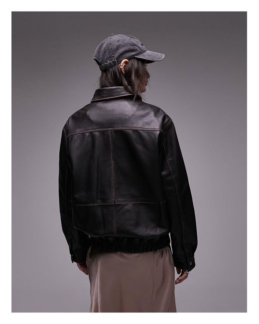 TOPSHOP Brown Real Leather Washed Bomber Jacket
