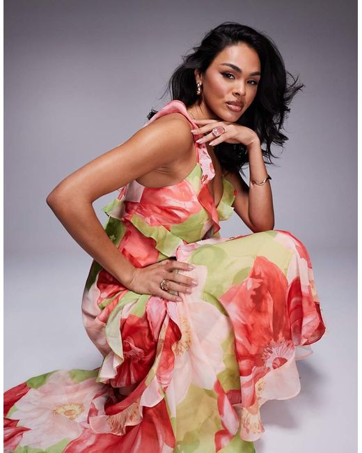 Vestito Lungo A Fiori Rossi E Lime Con Volant di Forever New in Red