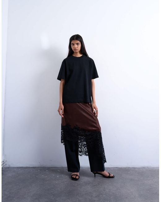 TOPSHOP Brown Satin Asymmetric Lace Hem Maxi Skirt