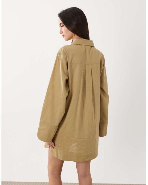 ASOS Natural Cotton Linen Mini Shirt Dress With Wide Cuffs And Oversized Pockets