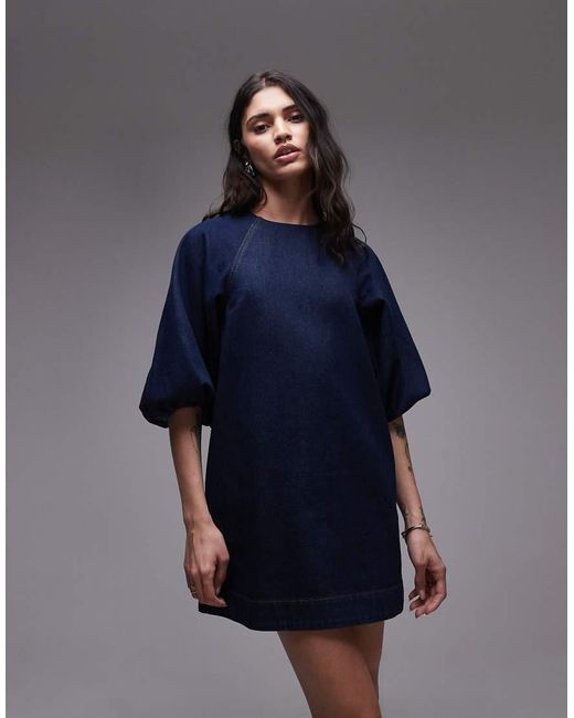TOPSHOP Blue Denim Mini Shift Dress With Balloon Sleeves