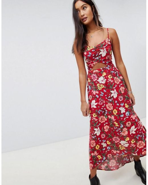 Hollister Red Floral Maxi Dress With Cut Out Detail