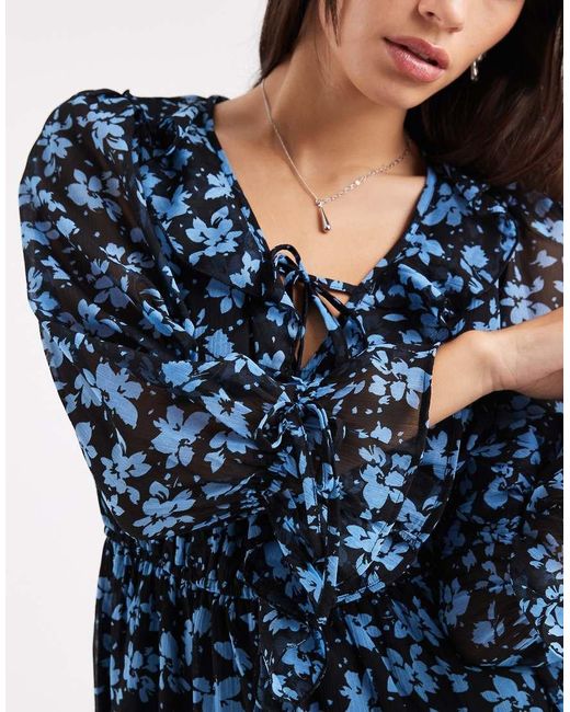 New Look Blue Floral Chiffon Frill Mini Dress