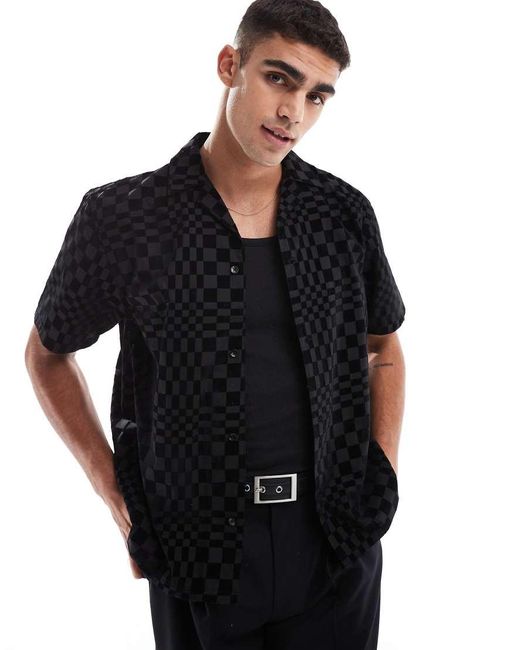 Camicia Nera A Scacchi A Maniche Corte di Twisted Tailor in Black da Uomo