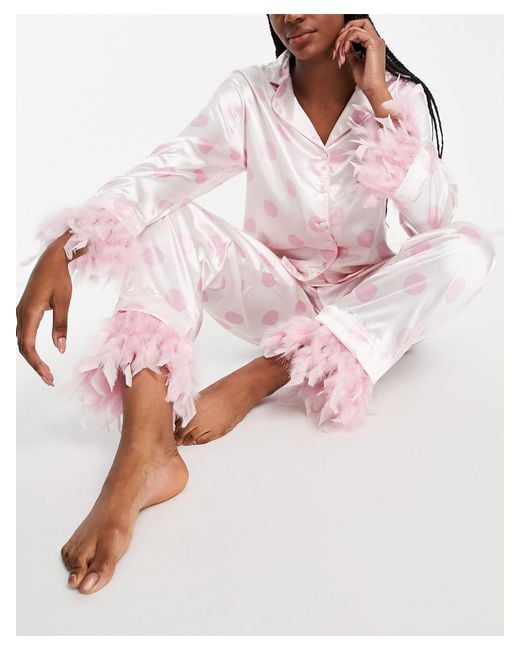 NIGHT Pink Satin Pyjamas With Detachable Faux Feather Trim