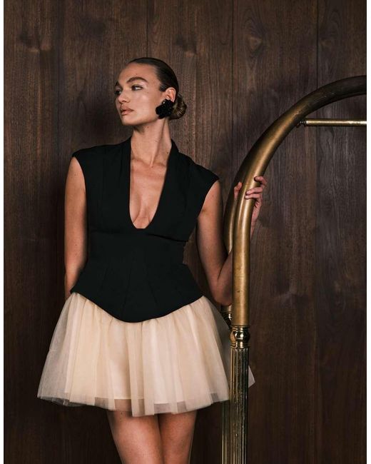 ASOS Black Plunge Drop Waist Mini Dress With Full Skirt