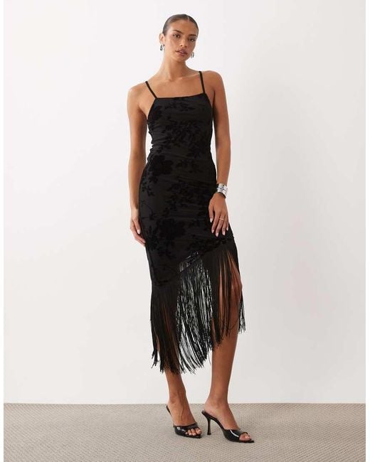 ASOS Black Devore Floral Maxi Dress With Fringing Detail