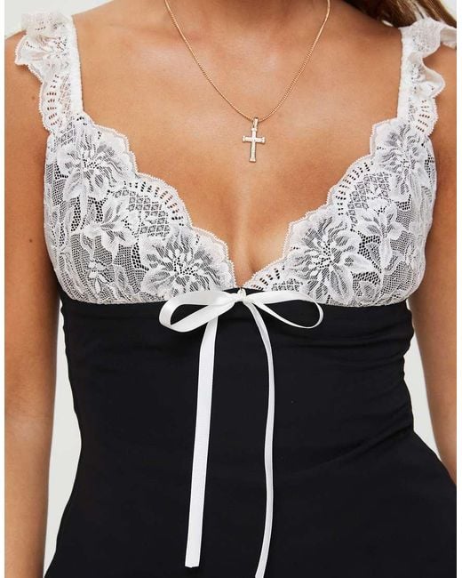 Princess Polly Black Delvonte Lace Contrast Bow Detail Top