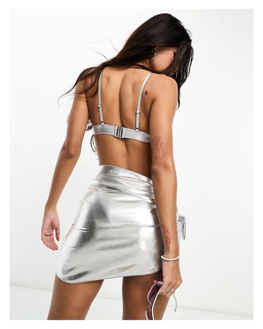 Threadbare White Hi-shine Metallic Triangle Bikini With Matching Swim Skirt Set
