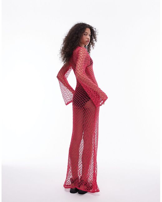 TOPSHOP Red Knitted Open Stitch Long Sleeve Maxi Dress