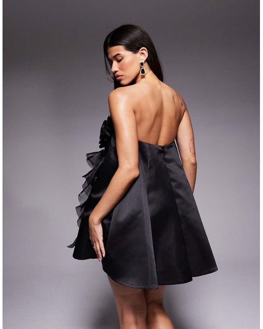 ASOS Black Organza Bandeau Mini Dress With 3d Flower Detail