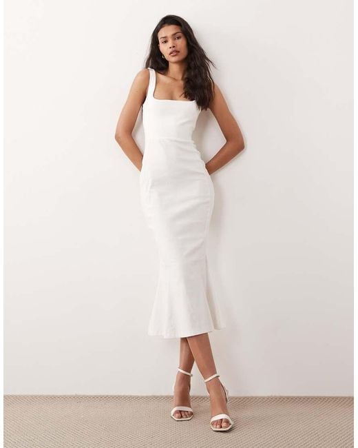 Vesper Natural Bengaline Sleeveless Square Neck Fishtail Midi Dress