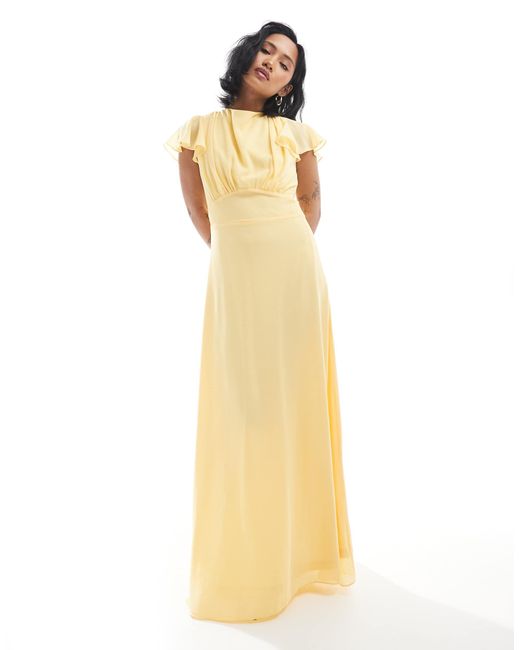 TFNC London Yellow Bridesmaid Flutter Sleeve Cowl Back Chiffon Maxi Dress