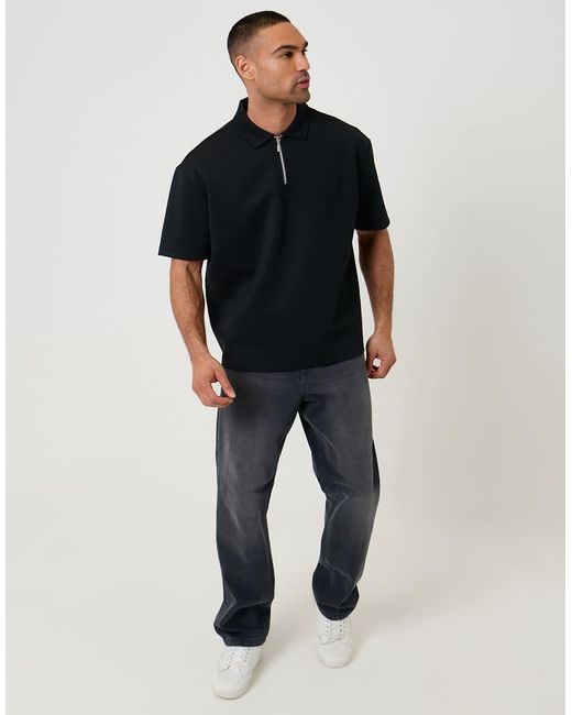 Threadbare Black Oversized Quarter Zip Polo Shirt for men