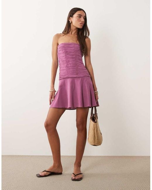 Mango Purple Teen Off Shoulder Ruched Mini Dress