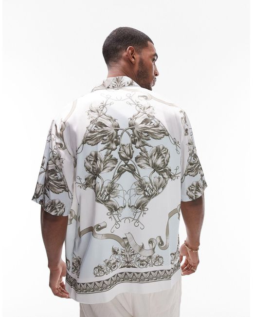 Topman White Short Sleeve Relaxed Satin Printed Shirt for men