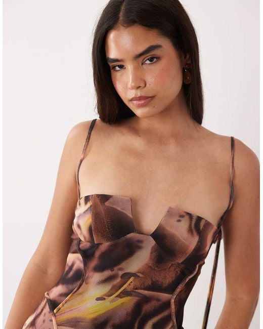 ASOS Brown Printed Mesh Exposed Seam Sculpted Cupped Maxi Dress