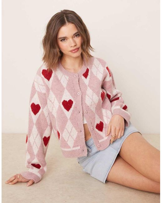 Miss Selfridge Pink Heart Jacquard Knitted Cardigan