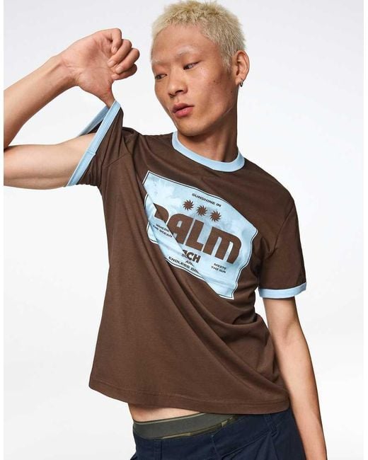 Bershka White Short Sleeve Print T-Shirt for men