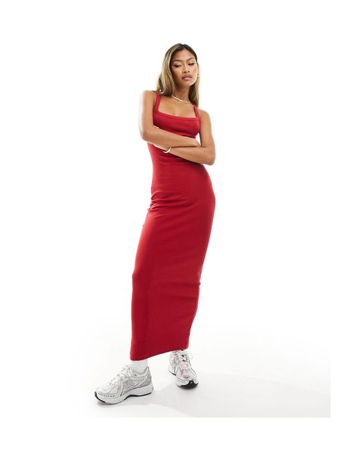 ASOS Red Ribbed Strappy Square Neck Midaxi Dress