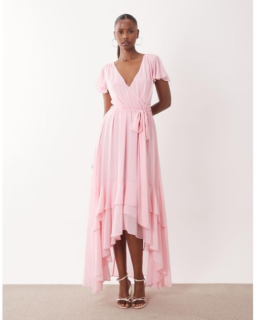 TFNC London Pink Bridesmaid Chiffon V Neck Tie Detail Asymmetric Hem Maxi Dress