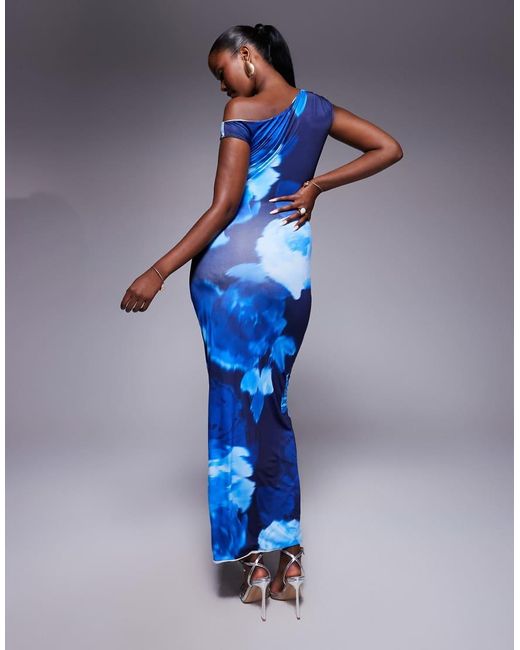Fashionkilla Blue Double Sculpted Slinky Asymmetric Shoulder Maxi Dress