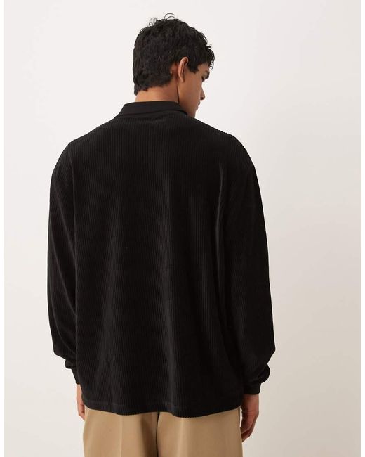 ASOS Black Heavyweight Oversized Long Sleeve Polo T-shirt With Small Chest Embroidery for men