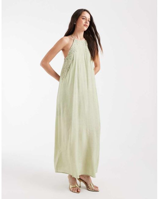 Object White Textured Halter Neck Maxi Dress With Embroidery