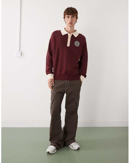 Prohibited Gebreide Oversized Polo Met Lange Mouwen En Patch Met Logo-Embleem in het Red voor heren