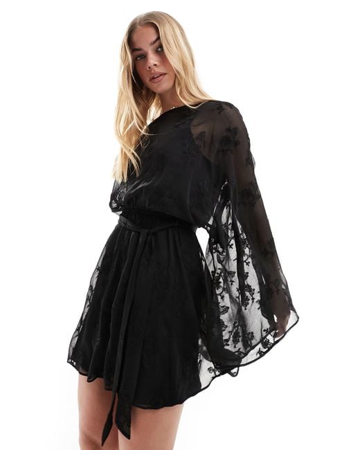 ASOS Black Embroidered Chiffon Mini Dress With Flared Sleeves And Self Belt