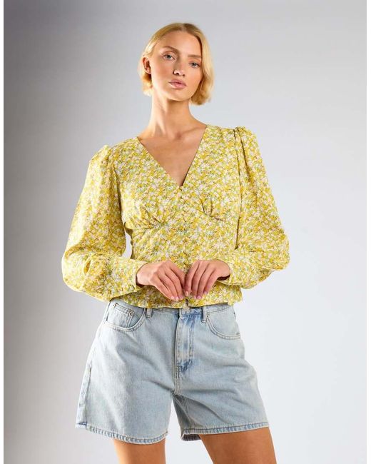 Glamorous Blue V-Neck Button Front Blouse
