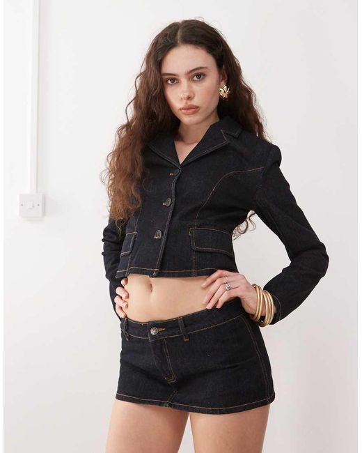 Lioness Blue Contrast Stitch Button Front Cropped Jacket Co-ord