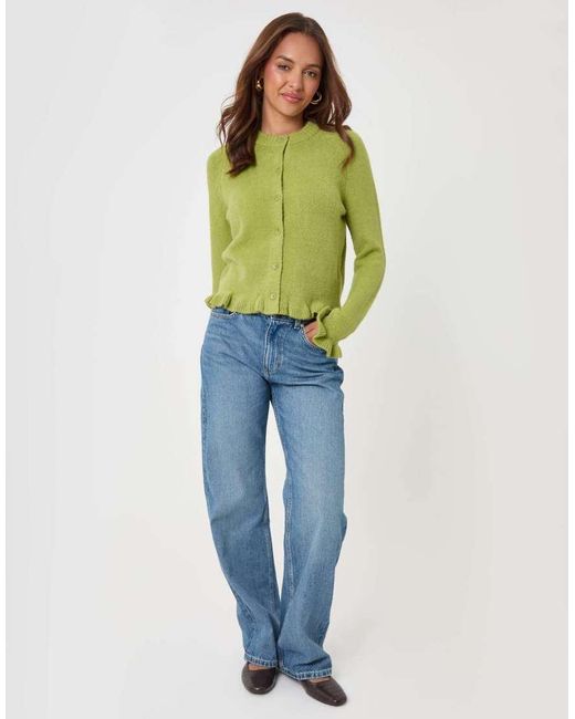 Threadbare Green Crew Neck Ruffle Cardigan
