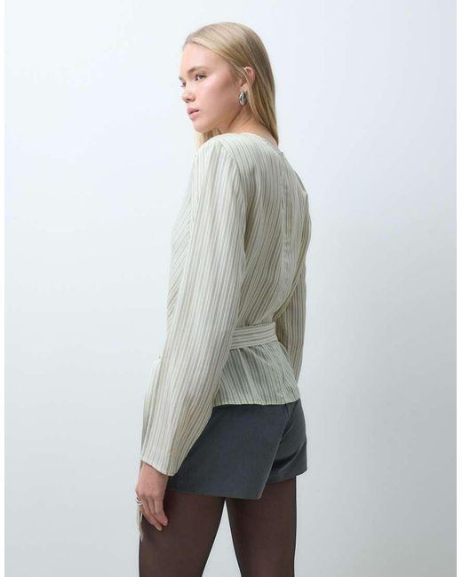 Mango Gray Tie Waist Long Sleeve Top