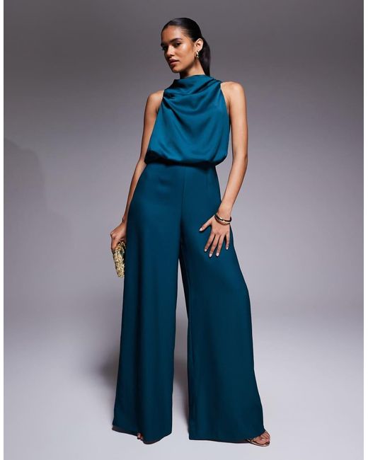 ASOS Blue Cowl Neck Jumpsuit With Satin Bodice