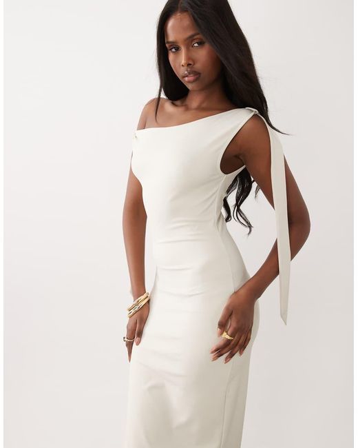 The Frolic Natural Exclusive Slinky Asymmetric Shoulder Tie Detail Bodycon Maxi Dress
